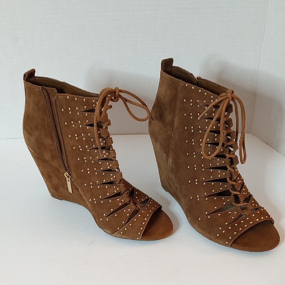 Tan Suede Leather Wedge Ankle Jessica Simpson Boots with Side Zipper Sz 9